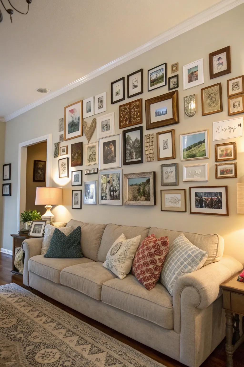A customized gallery display featuring an assortment of art and snapshots.