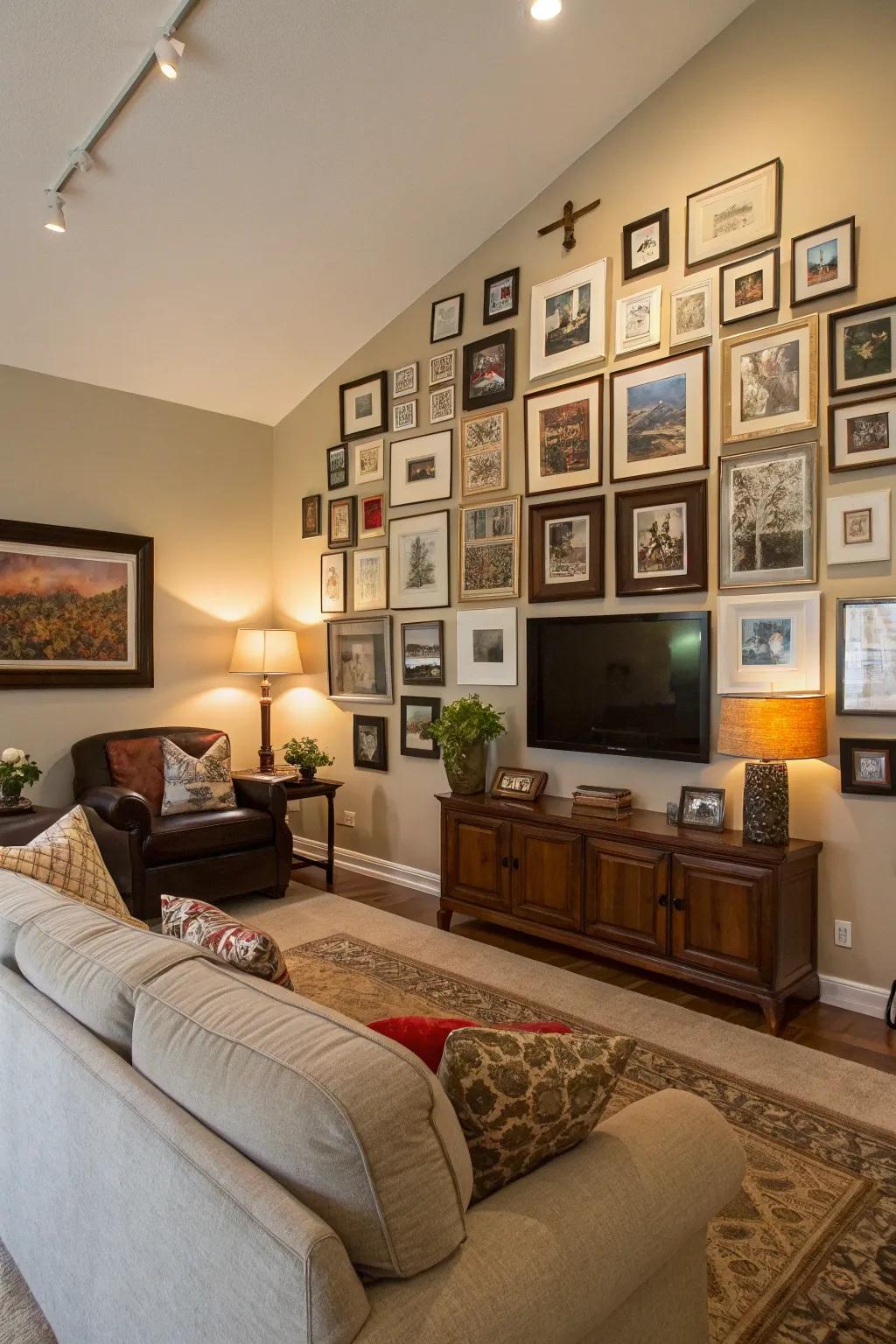 A living room showcases a picture wall featuring an array of frame styles.