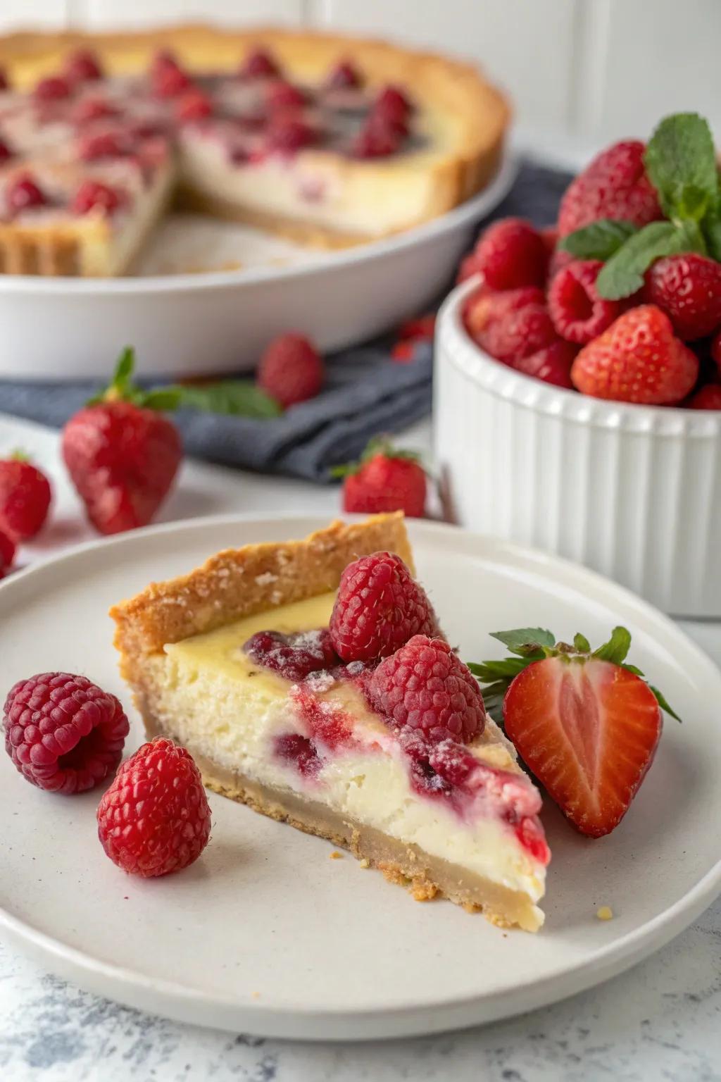 A pie slice beautifully adorned with fresh raspberries and strawberries, providing a vibrant burst of color.