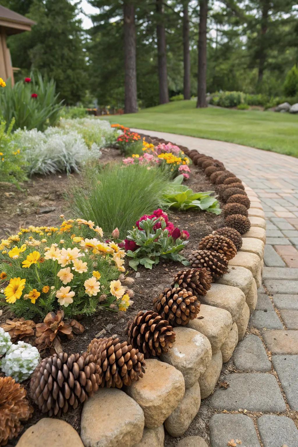 Pinecones fashion a natural boundary for garden beds.