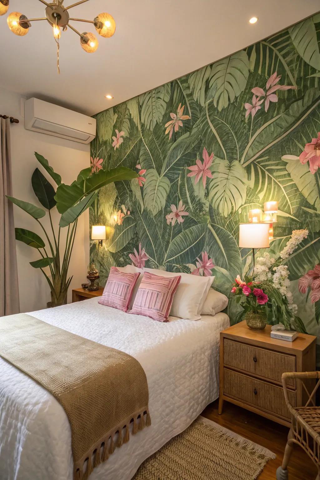 Botanical wallpaper with vibrant greens and pinks creates a tranquil bedroom escape.
