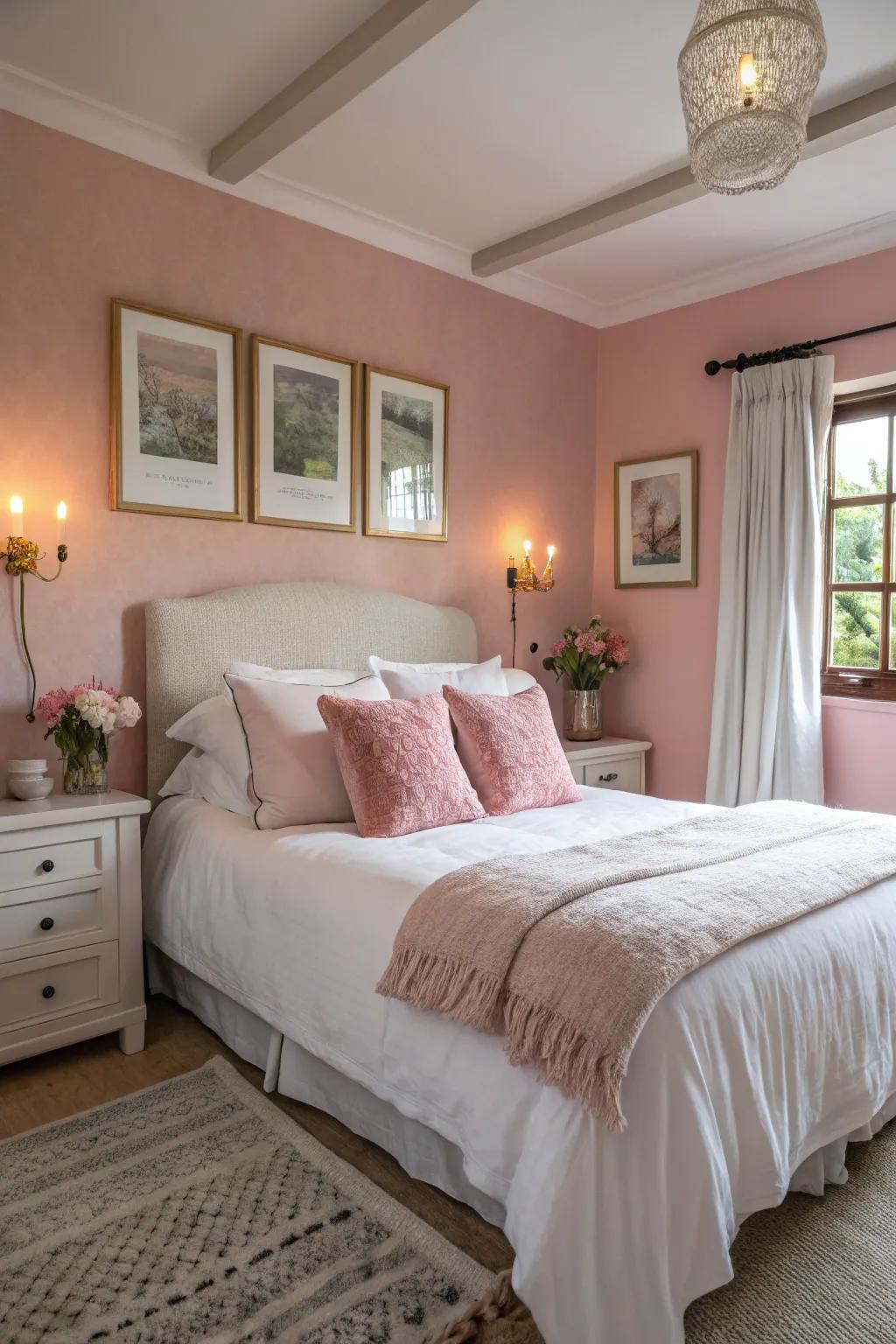 Relish the calmness of rose and white for a restful bedroom haven.