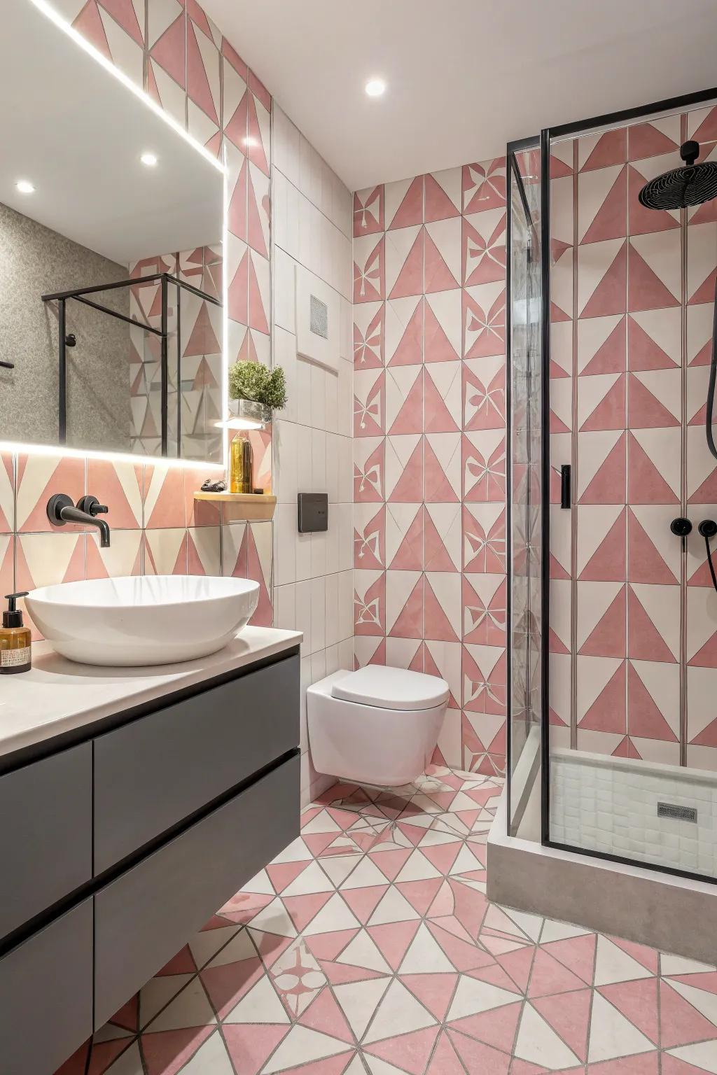 Complex rose ceramics contribute a spirited element to this bathroom.