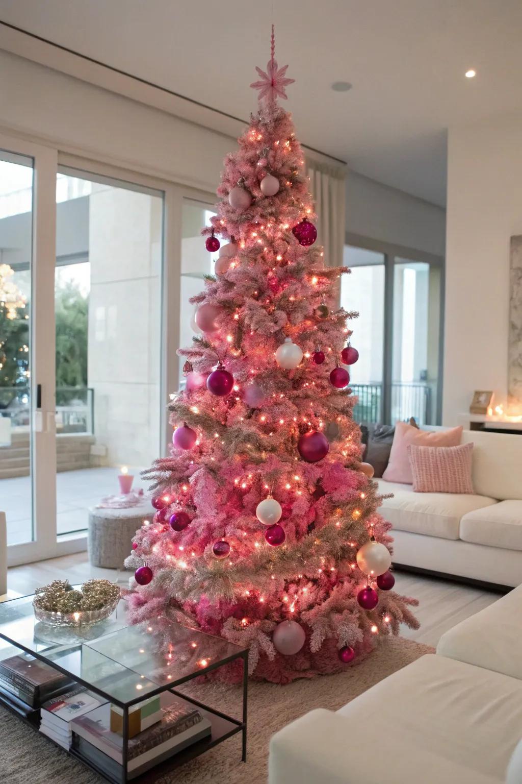 A fully pink Christmas tree commands attention with its radiant shades.