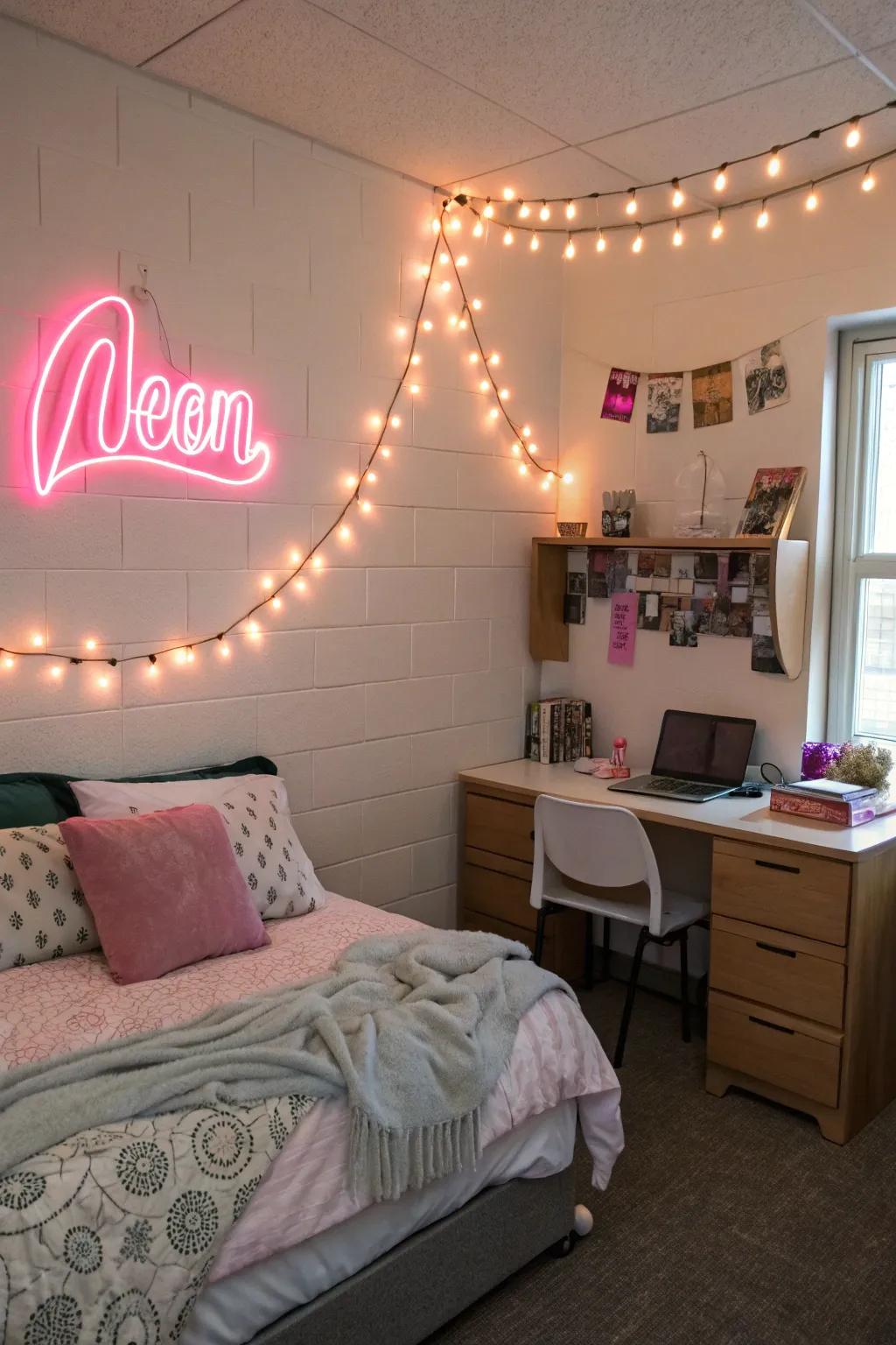 String lights and neon signs add a warm glow and a splash of personality.