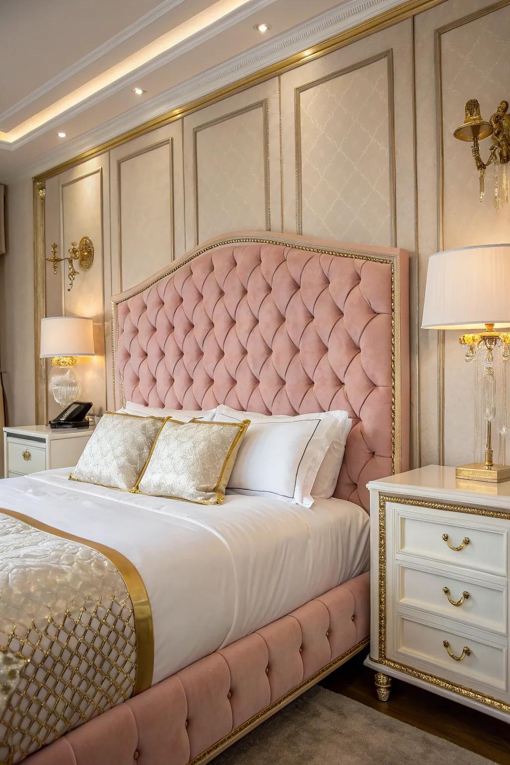 A glamorous bedroom centered around a quilted pink velvet headboard.