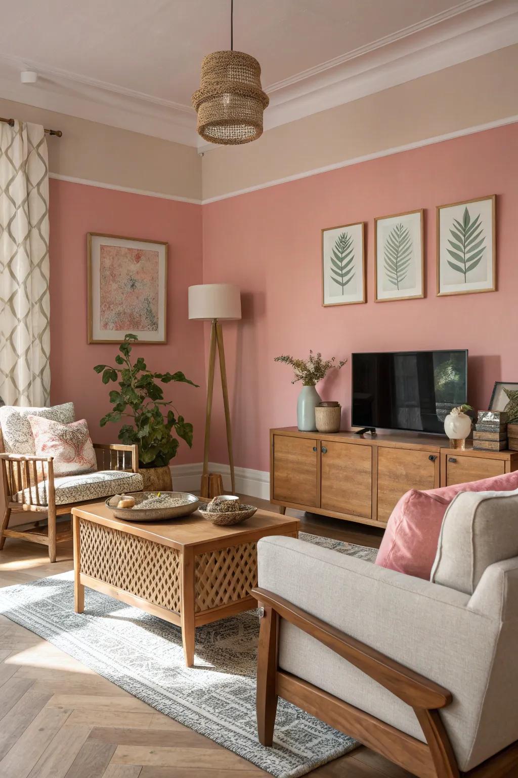 Rose-tinted walls establish a peaceful setting for an elegant living area.