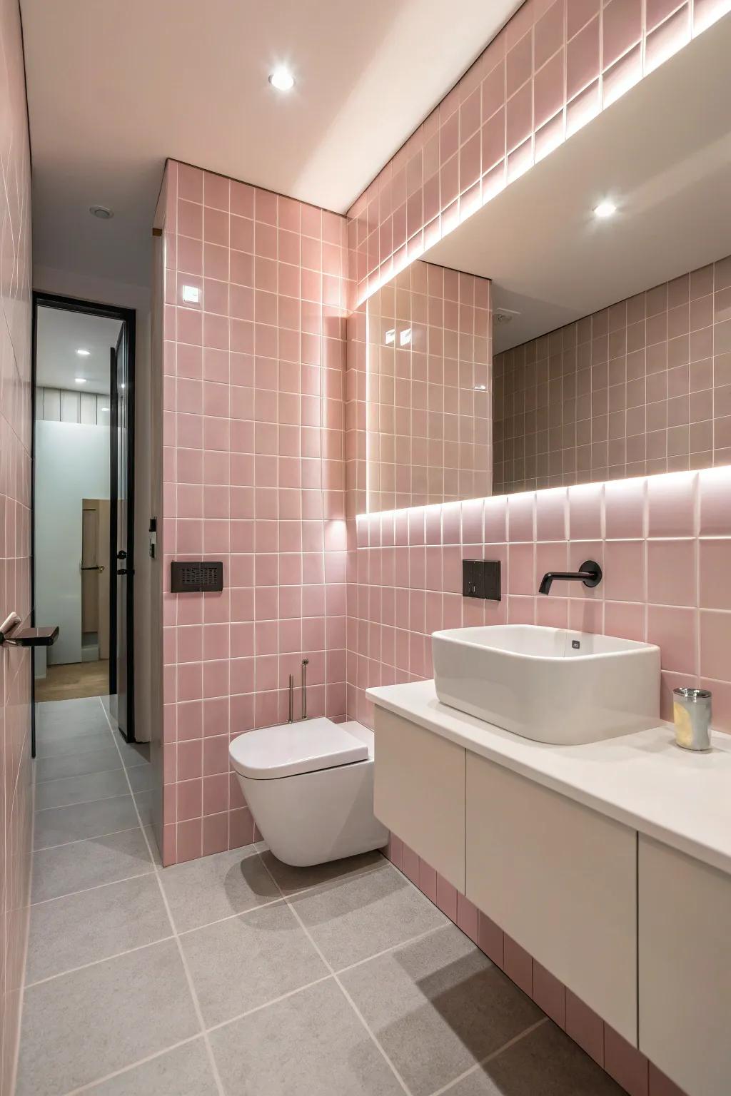 A simple bathroom design where the pink tiles are the main attraction.