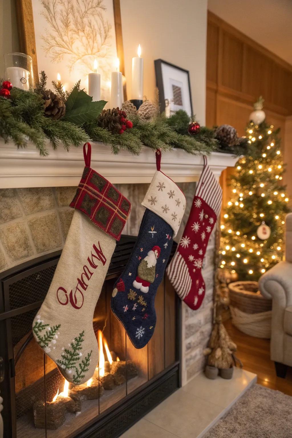 Add a personal touch to your Christmas stockings for a cozy fireplace setting.