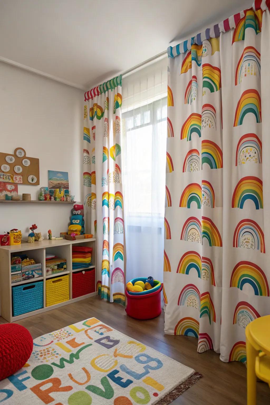 Rainbow-themed curtains sprinkle color and joy into the playroom.