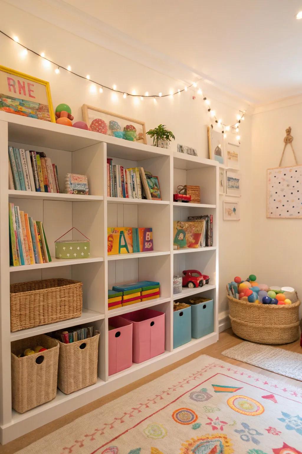 Open shelving with colorful toys and books, beckoning children to explore.
