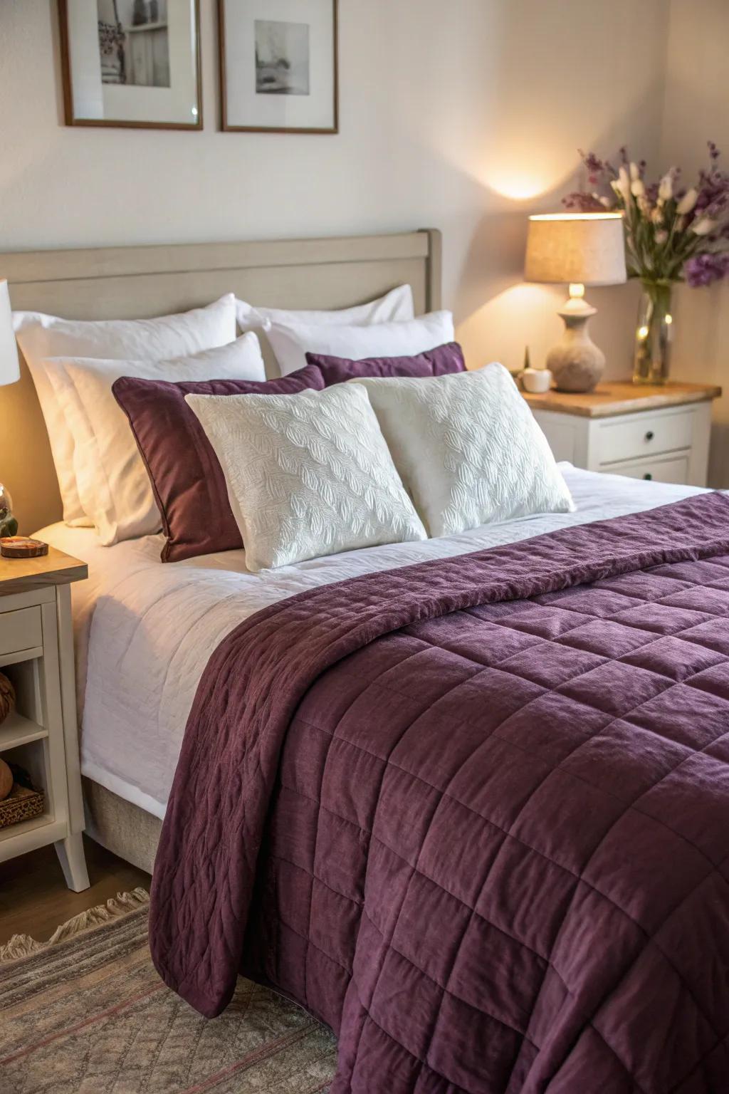 Lavender bedding harmonized with ivory details for a balanced aesthetic.