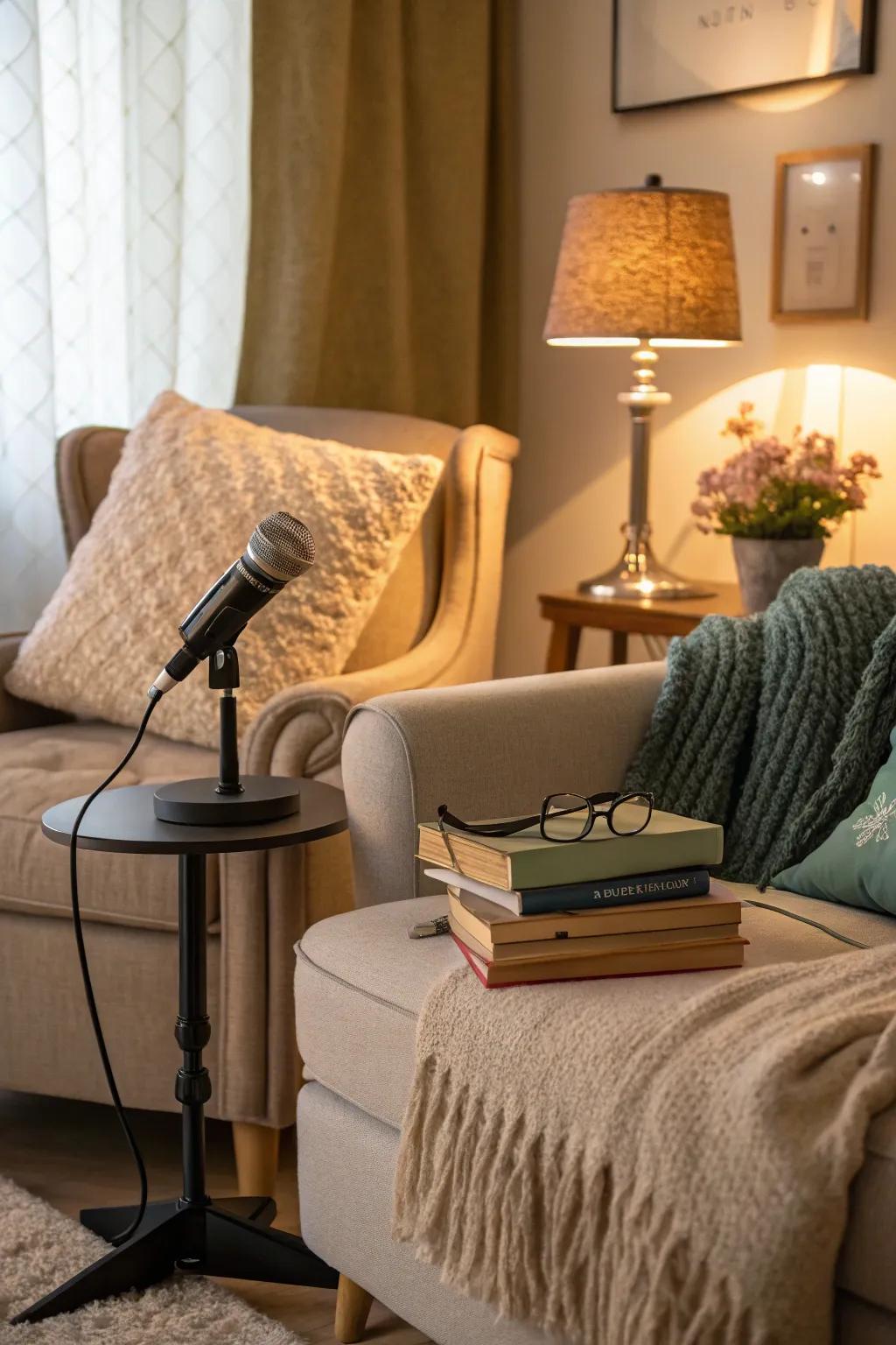 A cozy podcast nook in a living room corner.