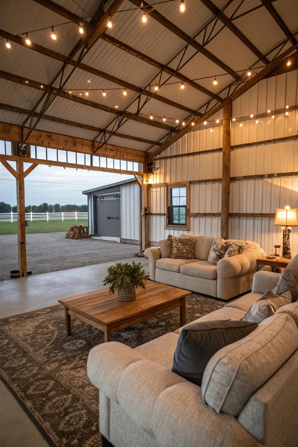 An inviting living space inside a pole barn, featuring velvet couches and ambient lighting.