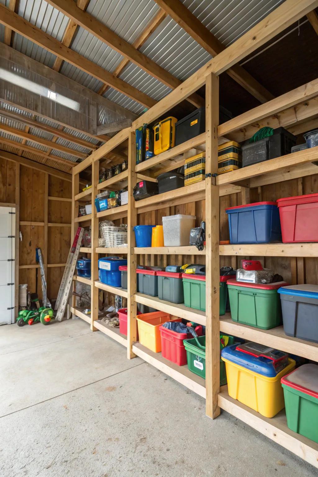 Custom DIY shelving solutions to maximize space in your pole barn.