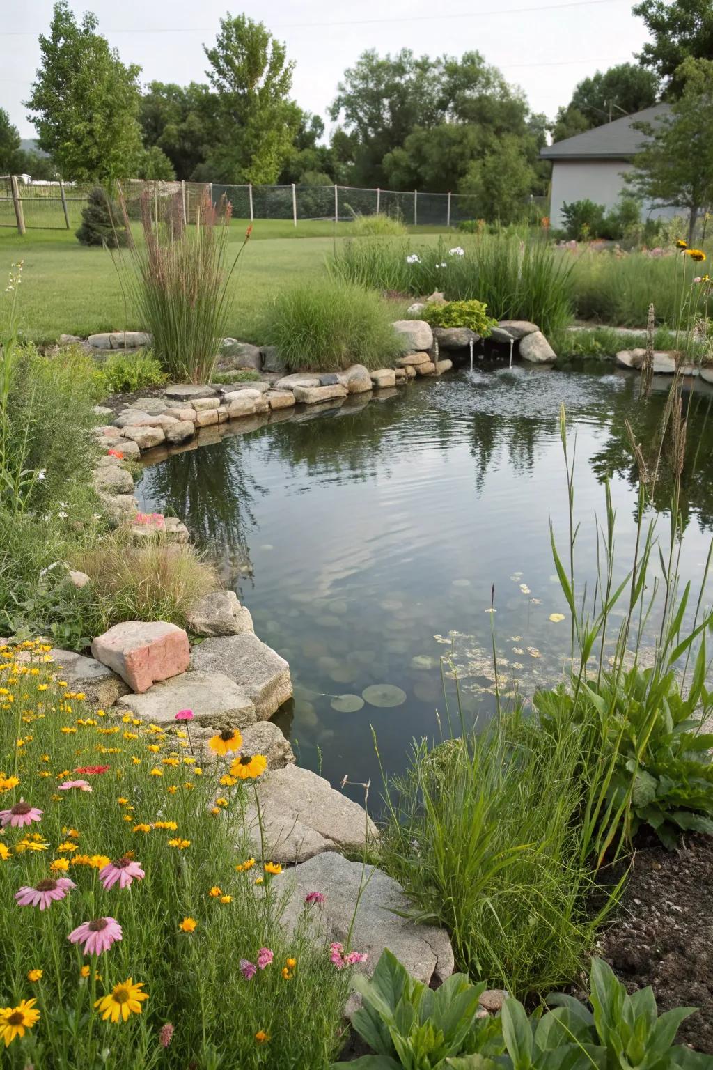 A pond featuring natural rock edges, seamlessly blending with the garden's landscape.