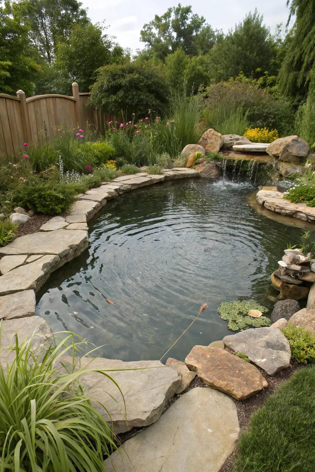 A pond adorned with natural stone borders, becoming one with its natural setting.