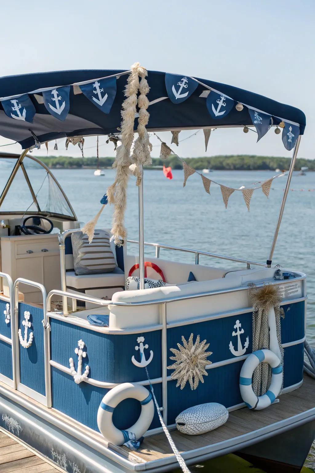 A nautical pontoon boat decorated with buoys and shells, poised for a parade.