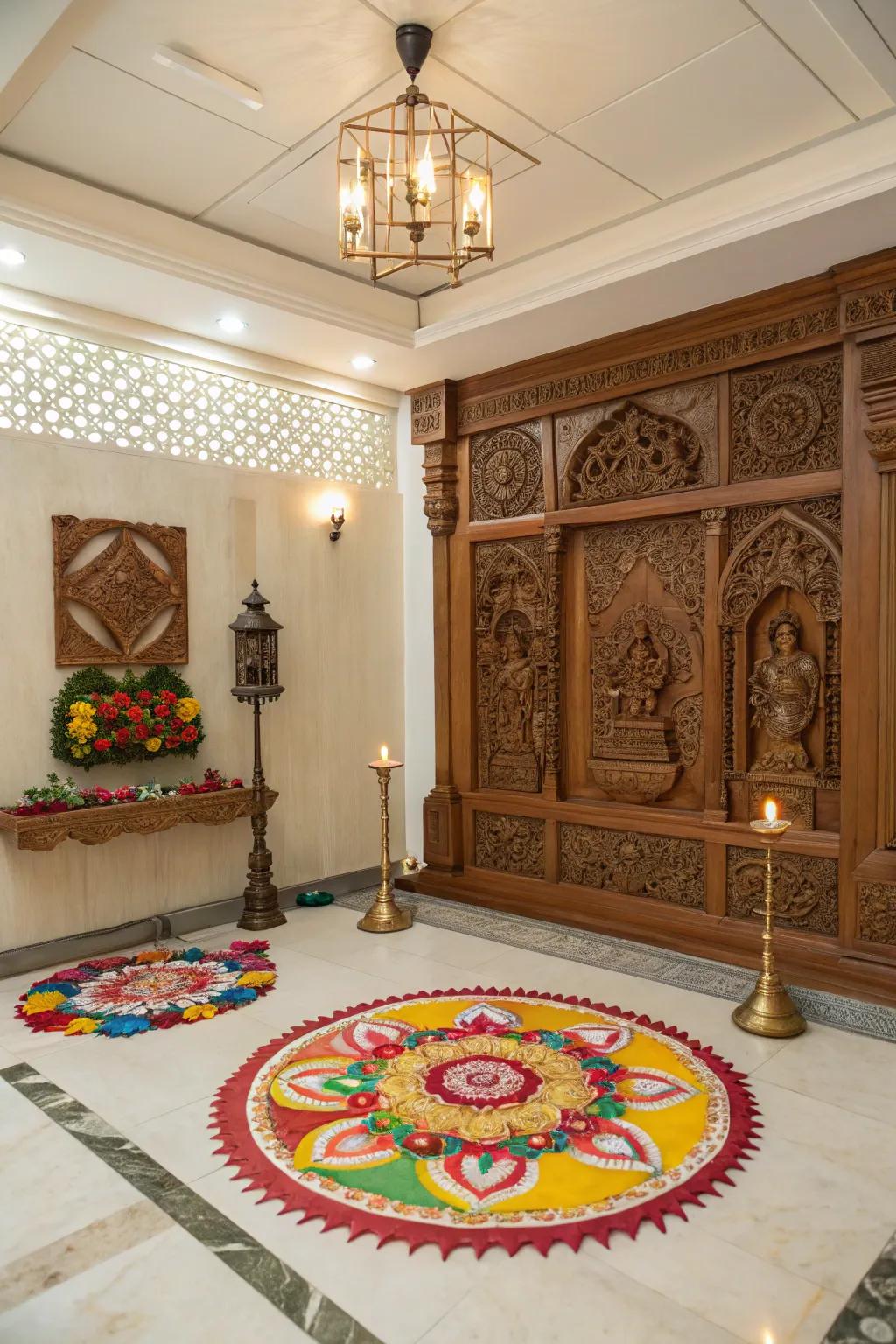 An intricate backdrop elevates the sacred atmosphere of this pooja room.