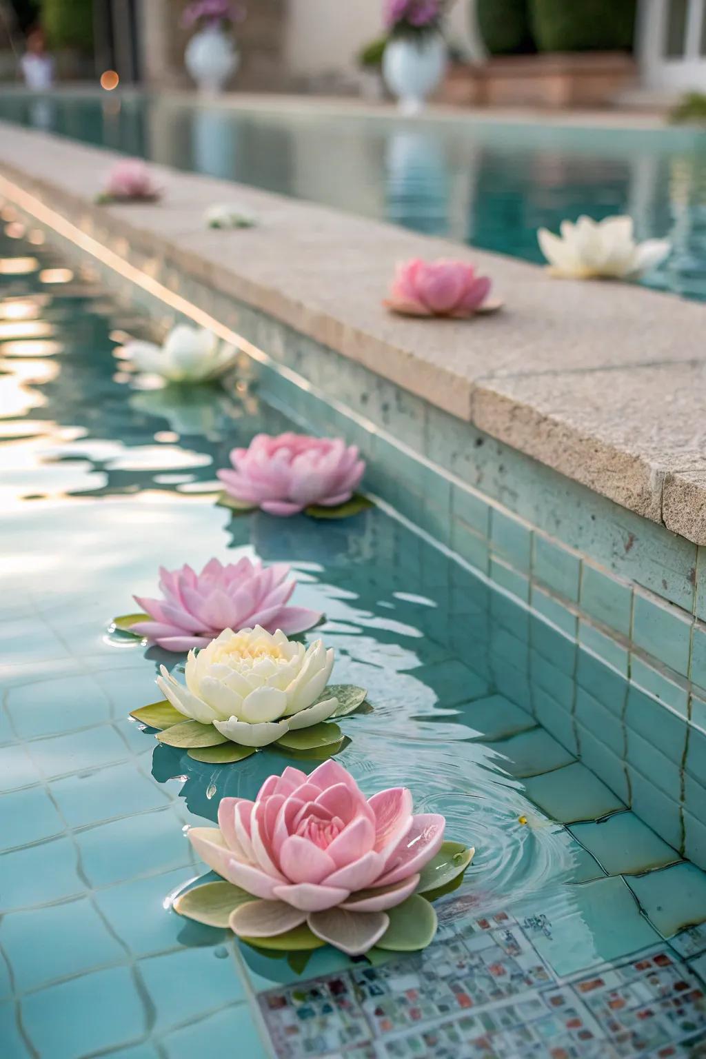 Elegant drifting flower displays gracing the tranquil expanse of a pool.