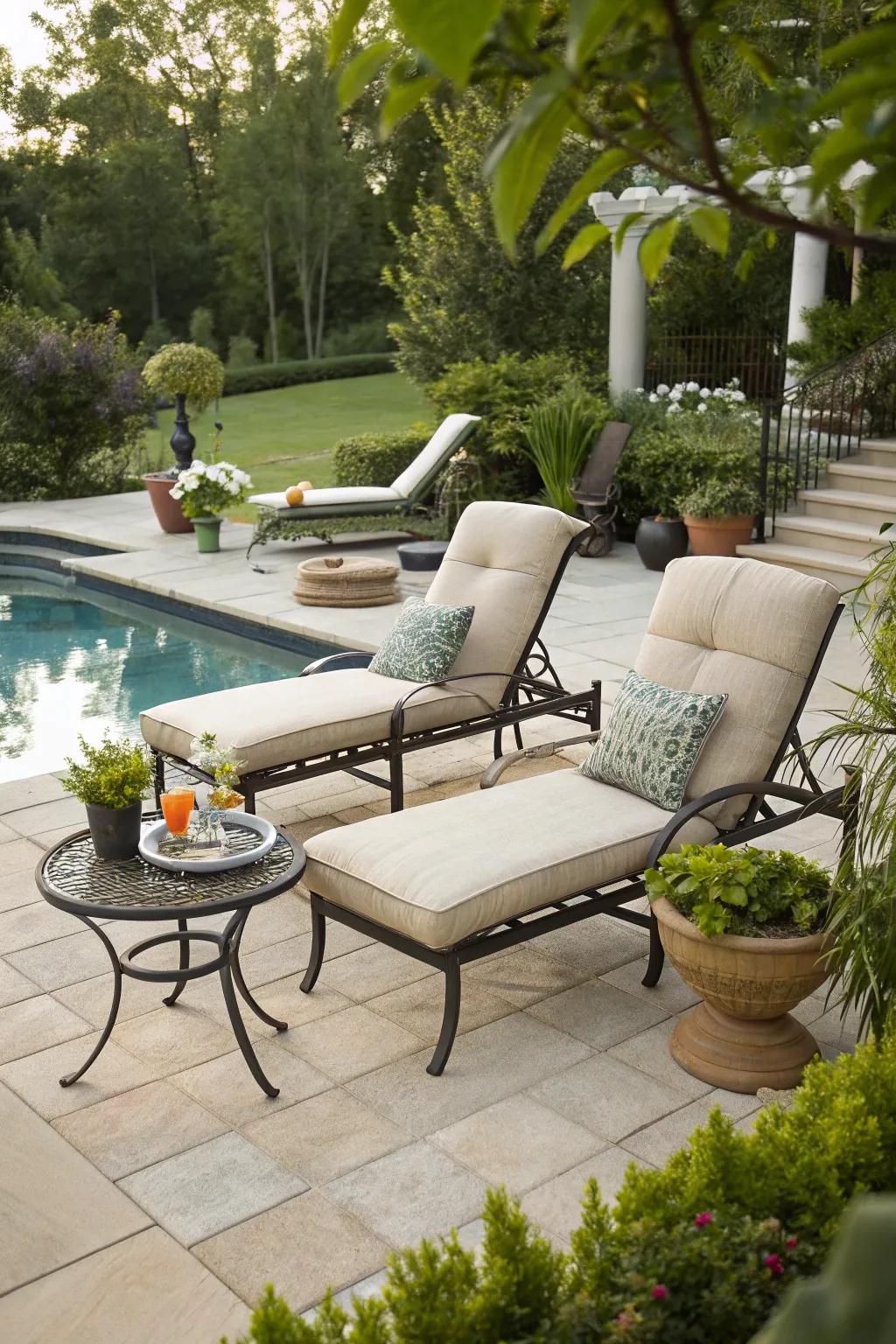 A cozy nook on the pool deck beckons you to unwind in sophisticated style.
