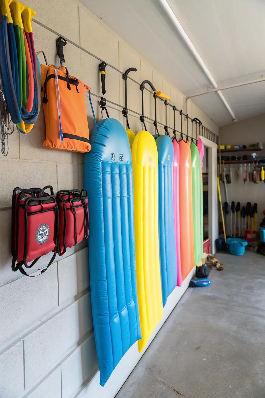 Buoyant companions neatly arranged on wall mounts, fostering a clutter-free garage setting.