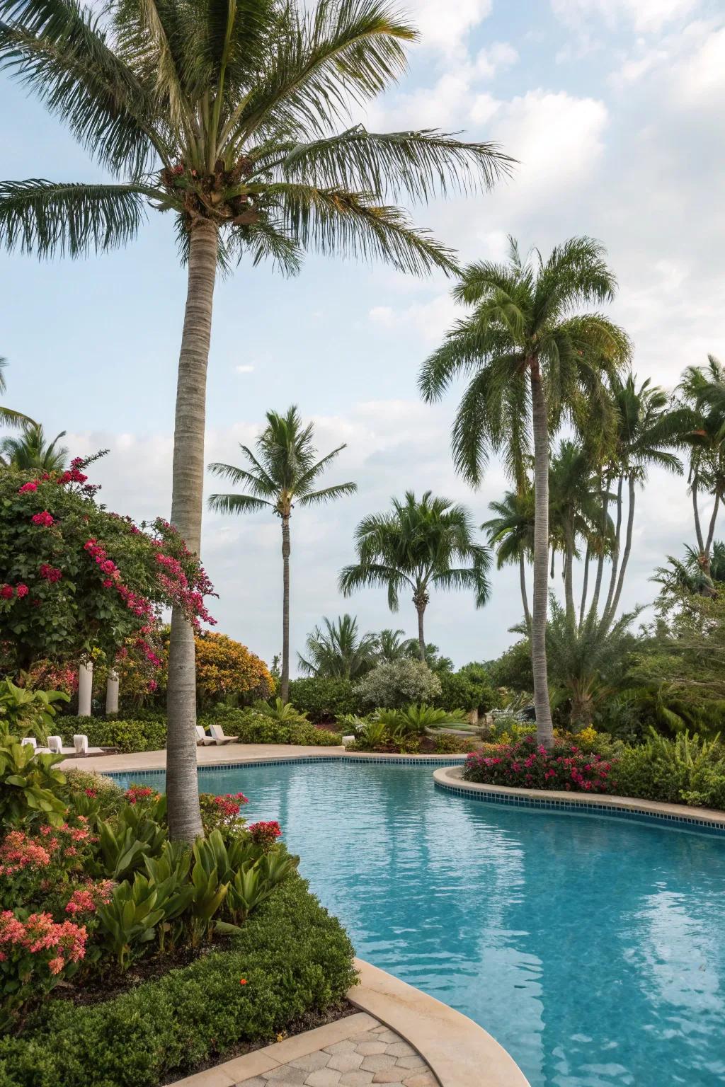 Envision a tropical paradise as the iconic palm trees dance gently by your pool.