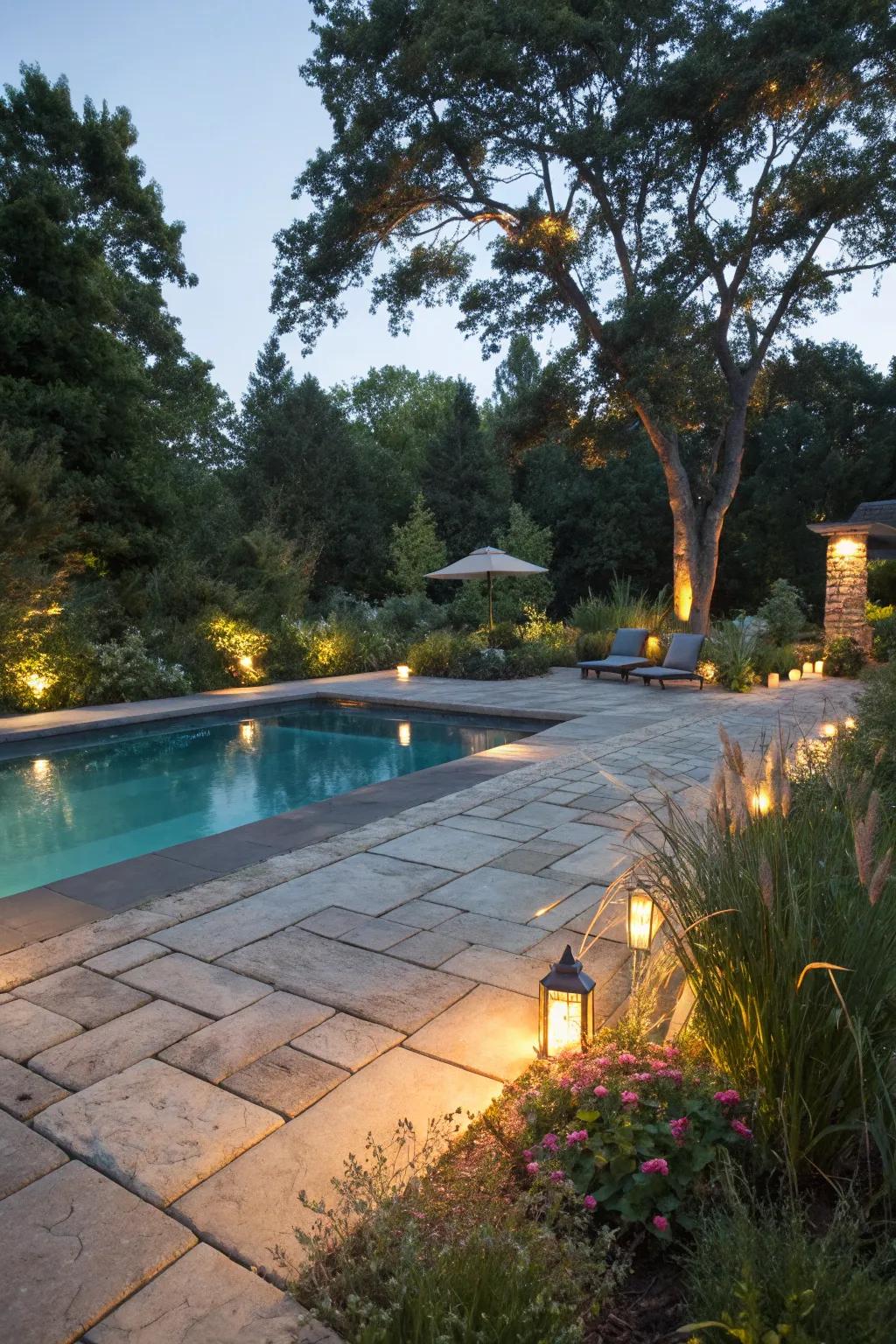 Natural stone hardscaping lends timeless elegance to any pool area.