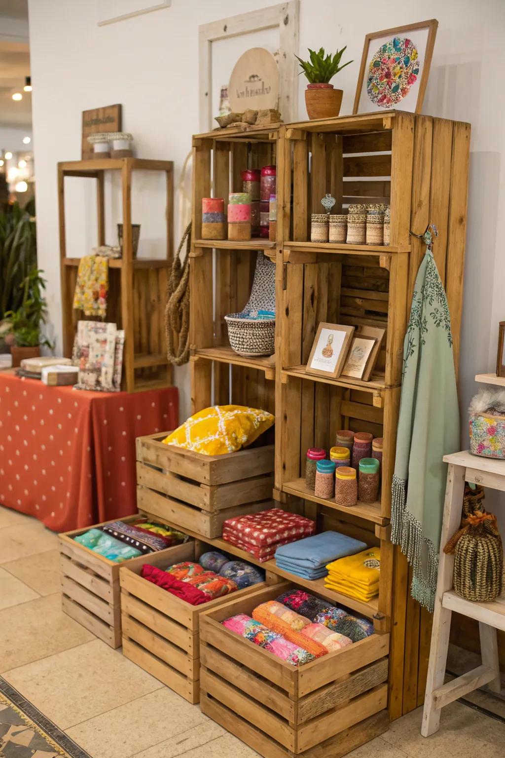 Wood boxes enhance a country vibe to pop-up displays, suitable for showcasing lively products.