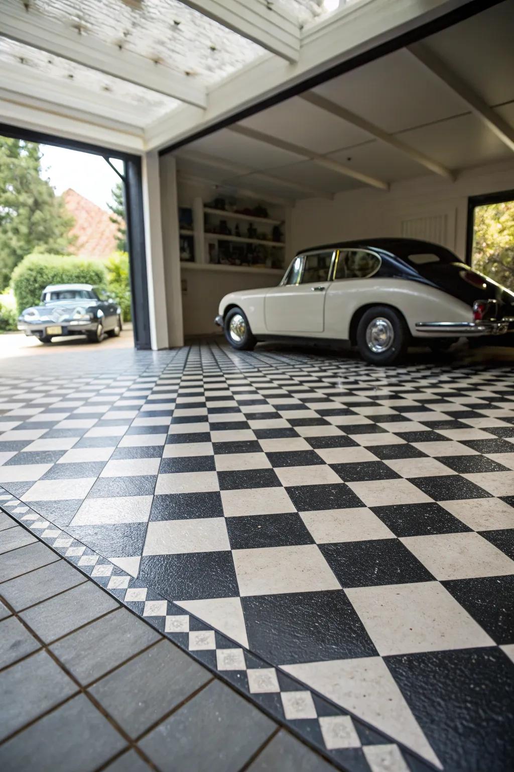 Enjoy a timeless aesthetic with a classic checkered tile floor in your garage.