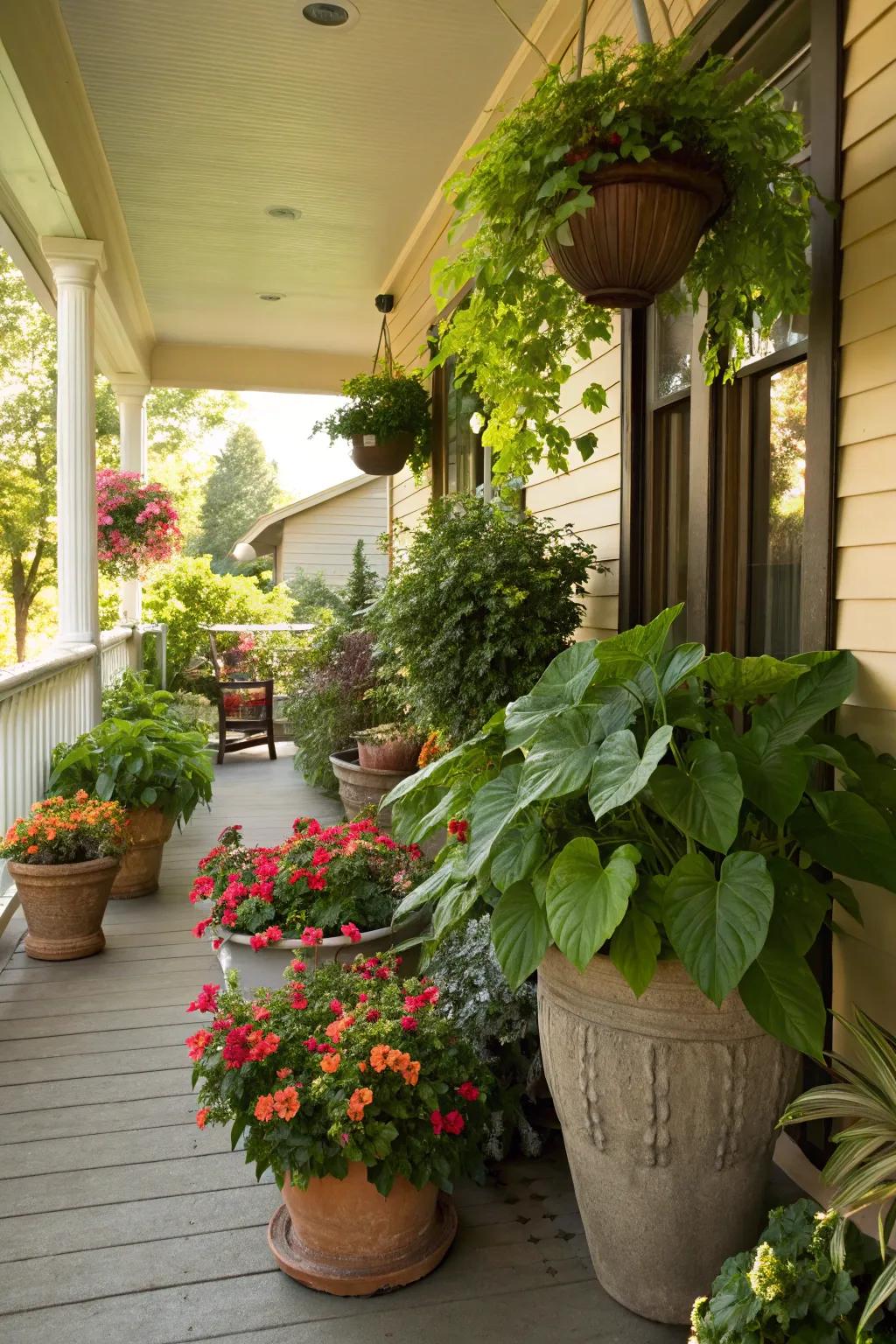 A vibrant porch filled with an assortment of potted plants.