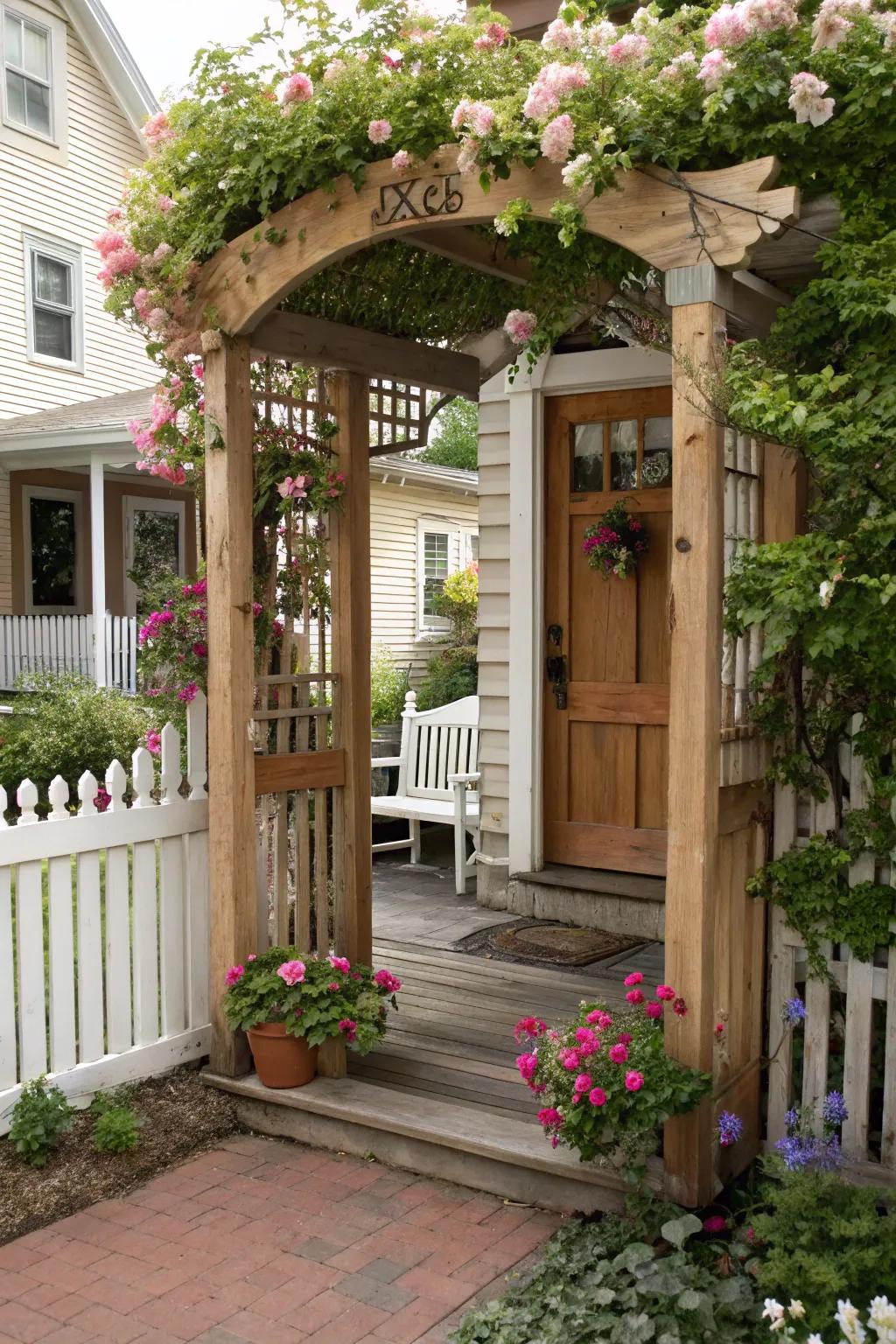 A quintessential wooden gate introduces an ageless allure to any porch.