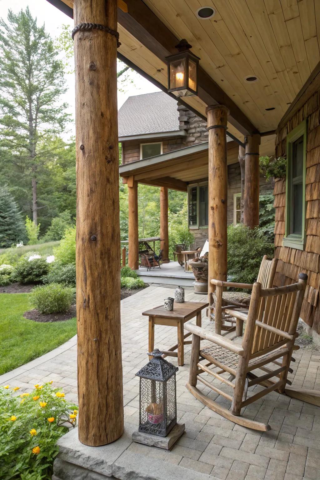 Rustic wooden porch posts introduce warmth and charm.