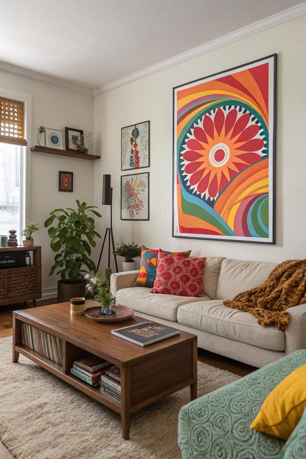 A vibrant abstract artwork piece introduces a splash of hue to any space.
