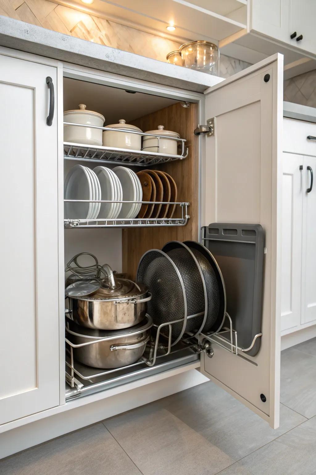 Stackable shelves and adjustable dividers create cabinets that are both neat and accessible.