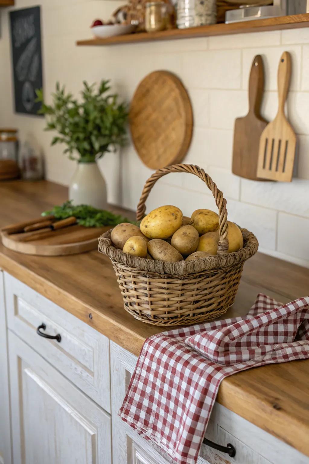 Homespun allure with a basket brimming with potatoes.