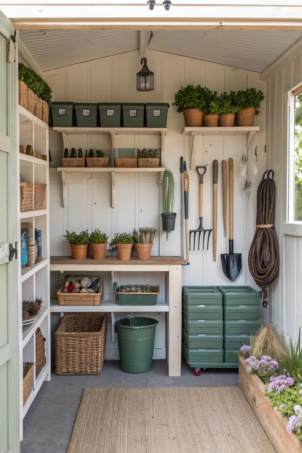 A well-organized potting shed featuring innovative storage solutions.