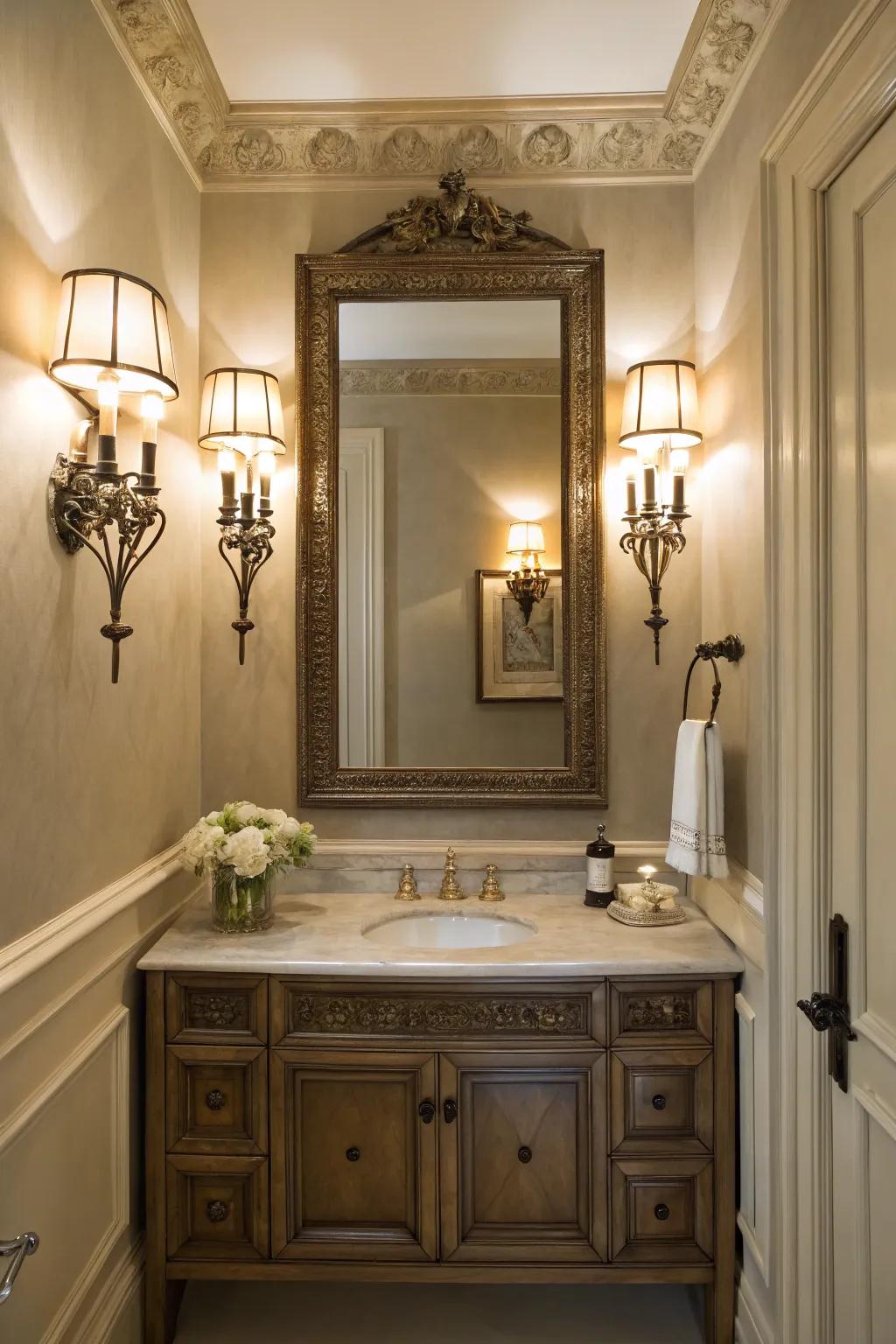 Wall lights positioned beside a mirror enhance sophistication and reduce shadows.