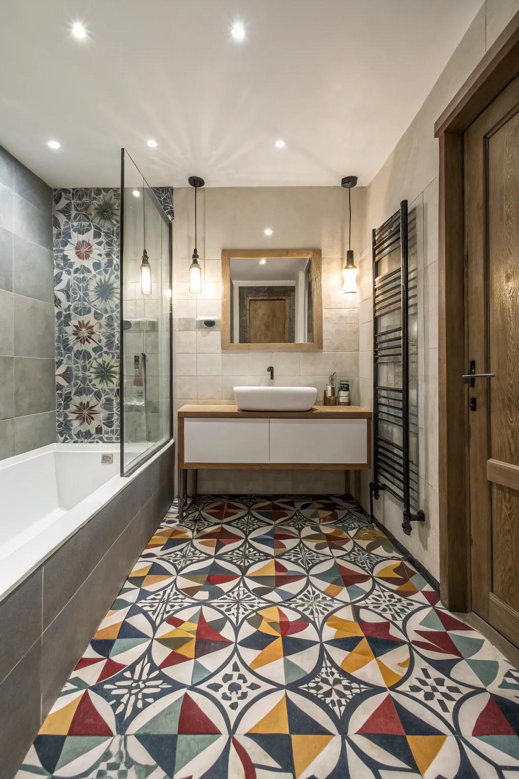 Geometric tiles bring a sleek, up-to-date aesthetic to any powder room.