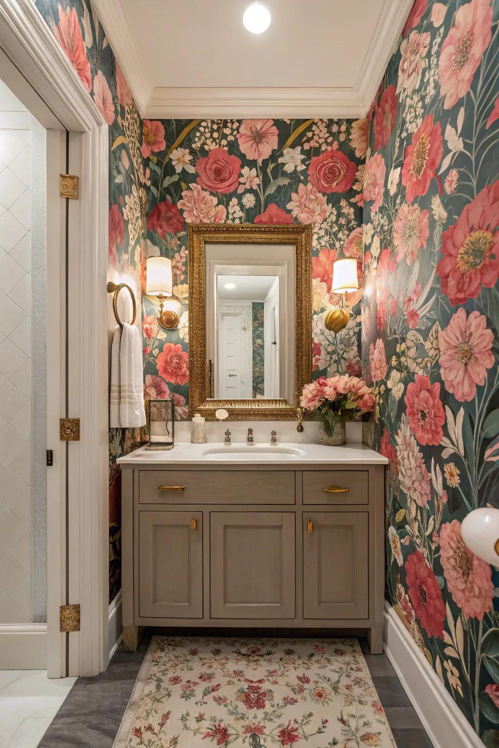 Dramatic floral patterns bring vitality and refinement to your guest bathroom.