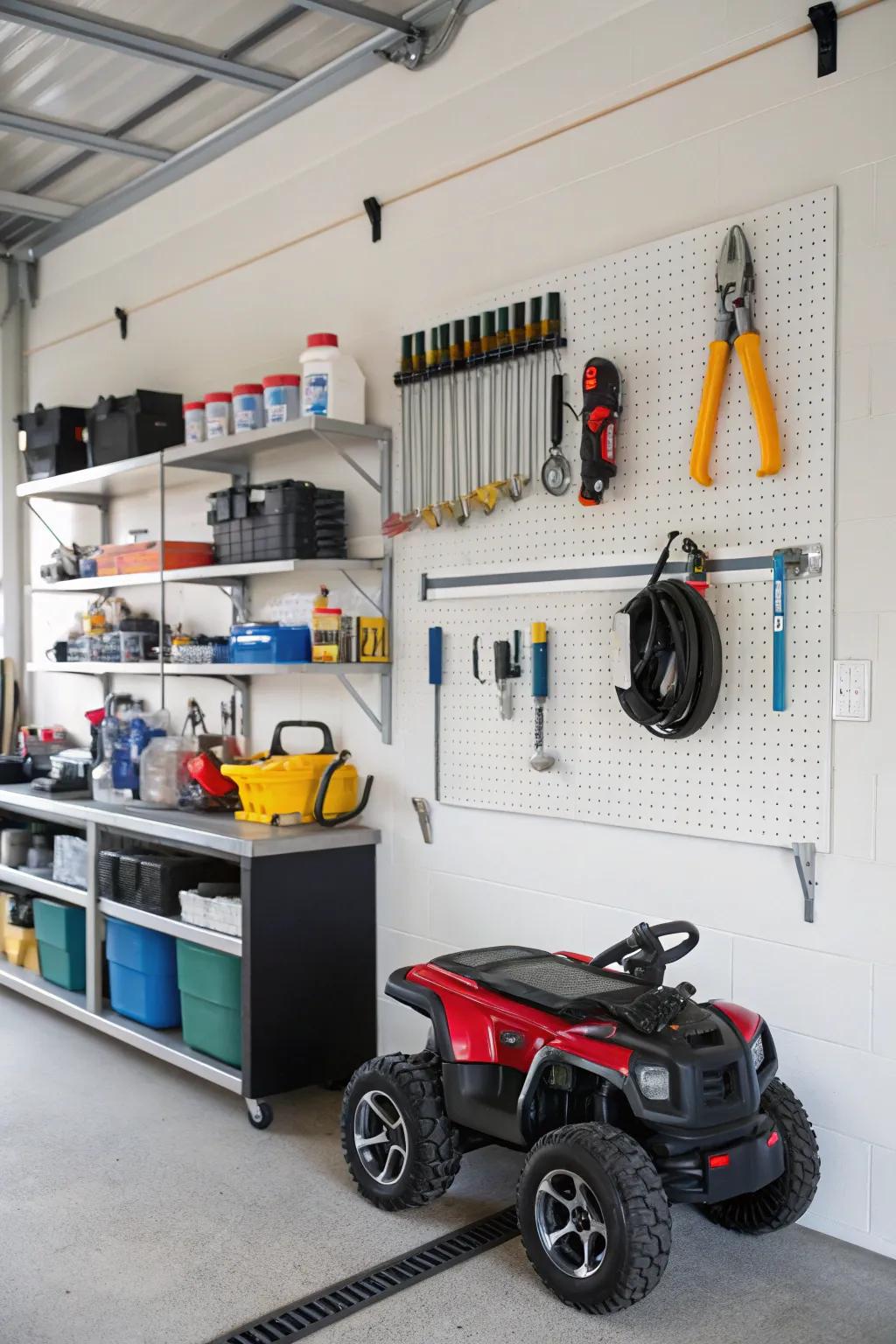 Electric ride-ons hung on garage wall mounts for streamlined storage.