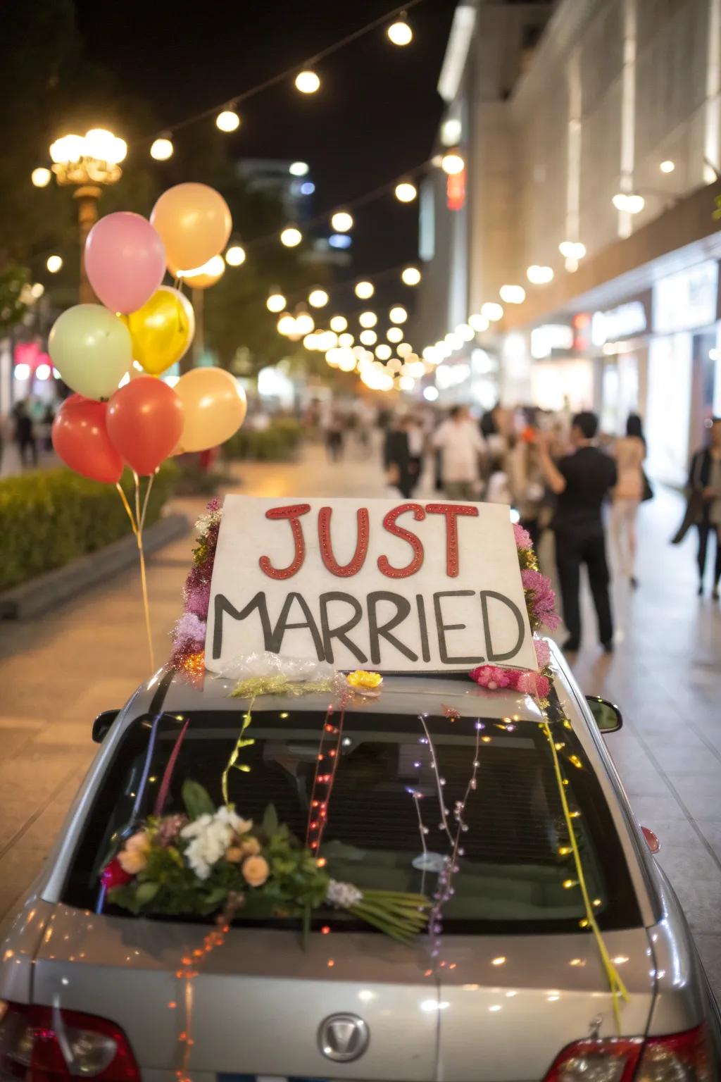 A classic 'Just Married' sign brings a timeless element to the going-away car.