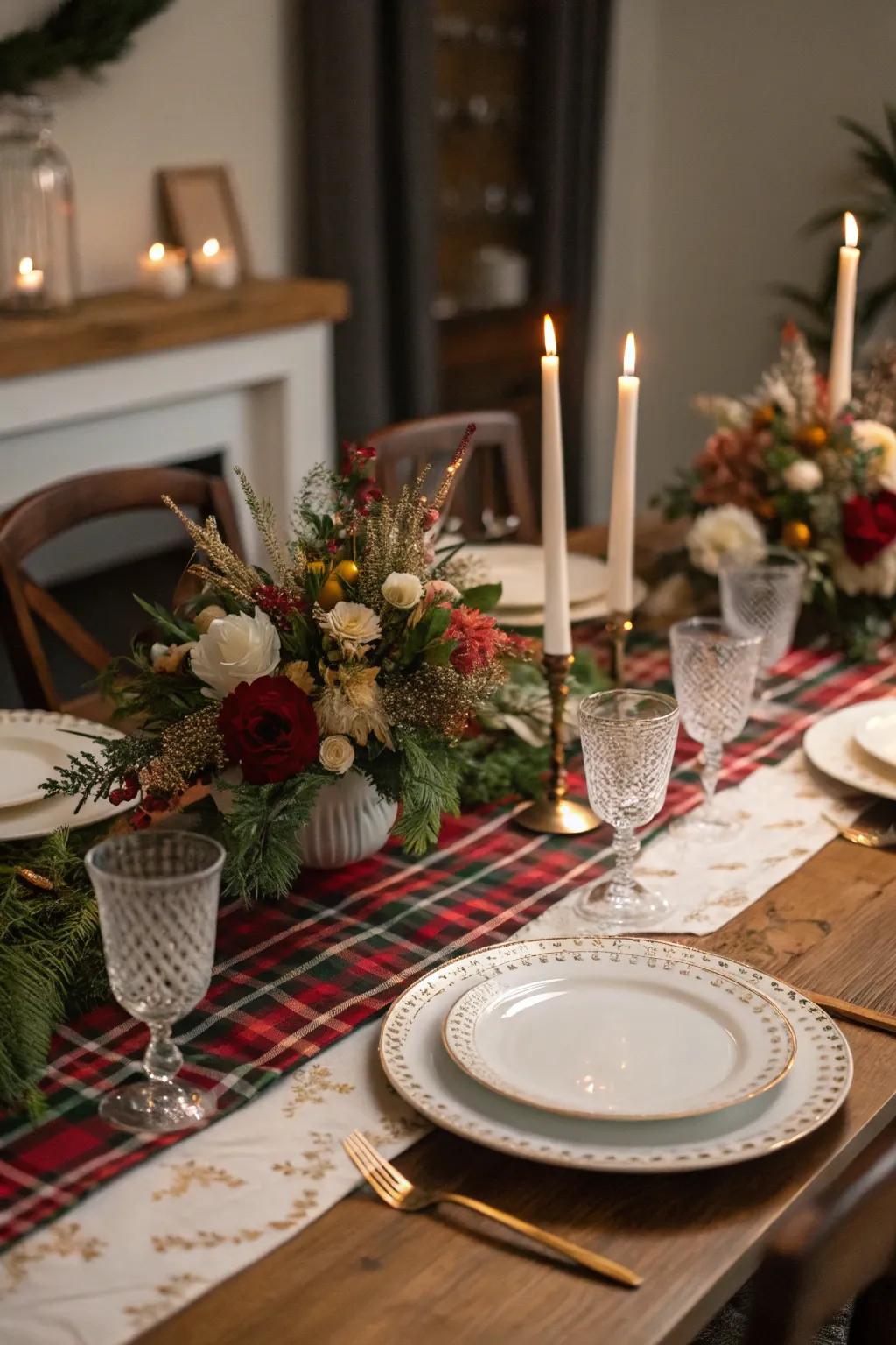 A dining table transformed with a chic tartan table accent and celebratory enhancements.