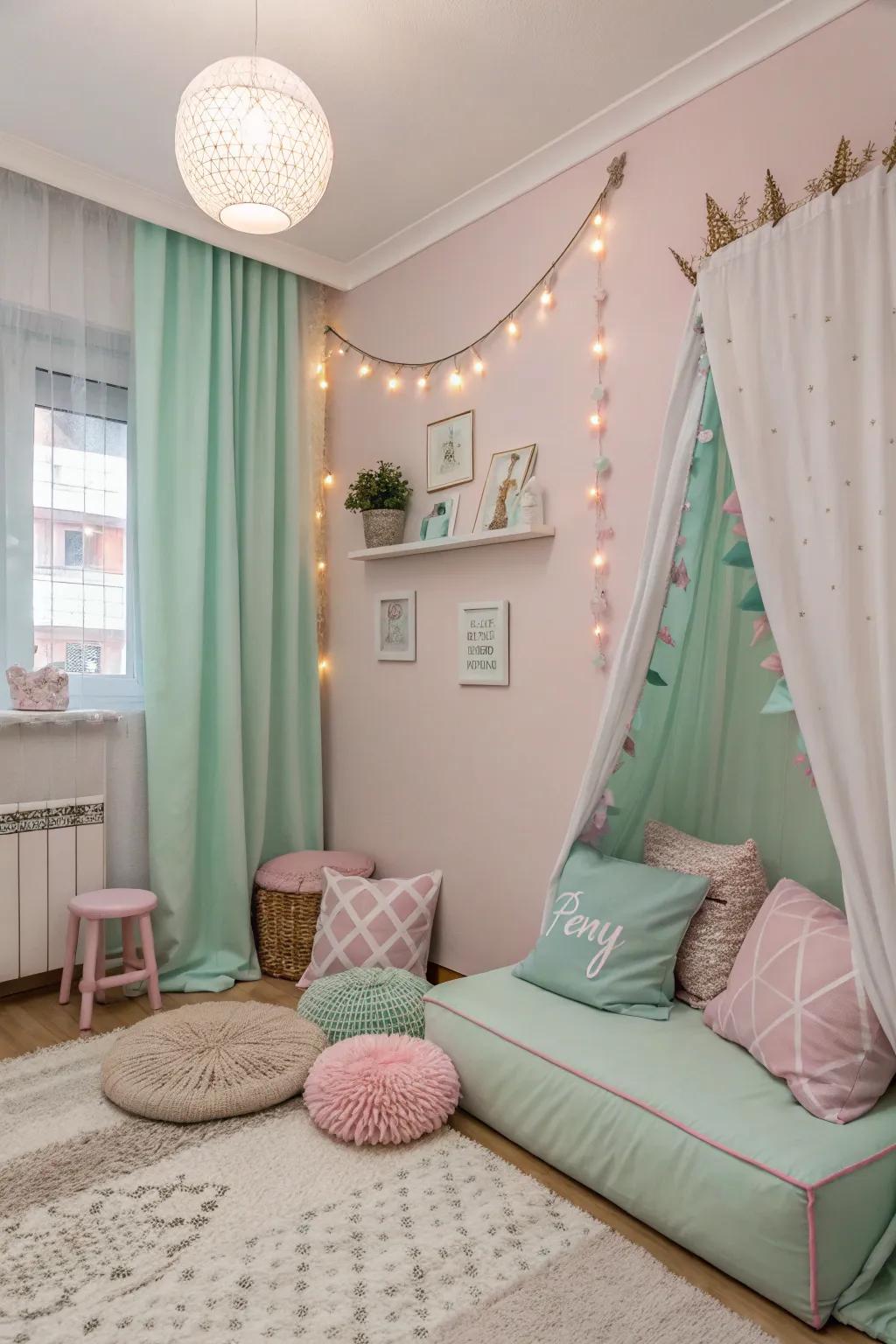 Pastel hues infuse a tranquil and stylish essence into your preppy space.