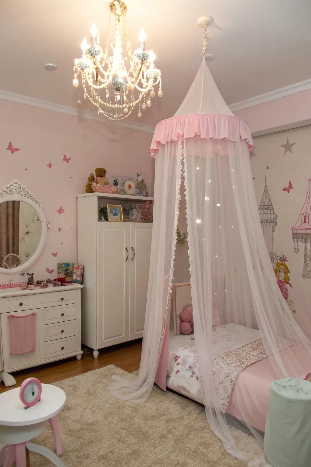 An exquisite canopy bed introduces an imaginative aspect to the princess's room.