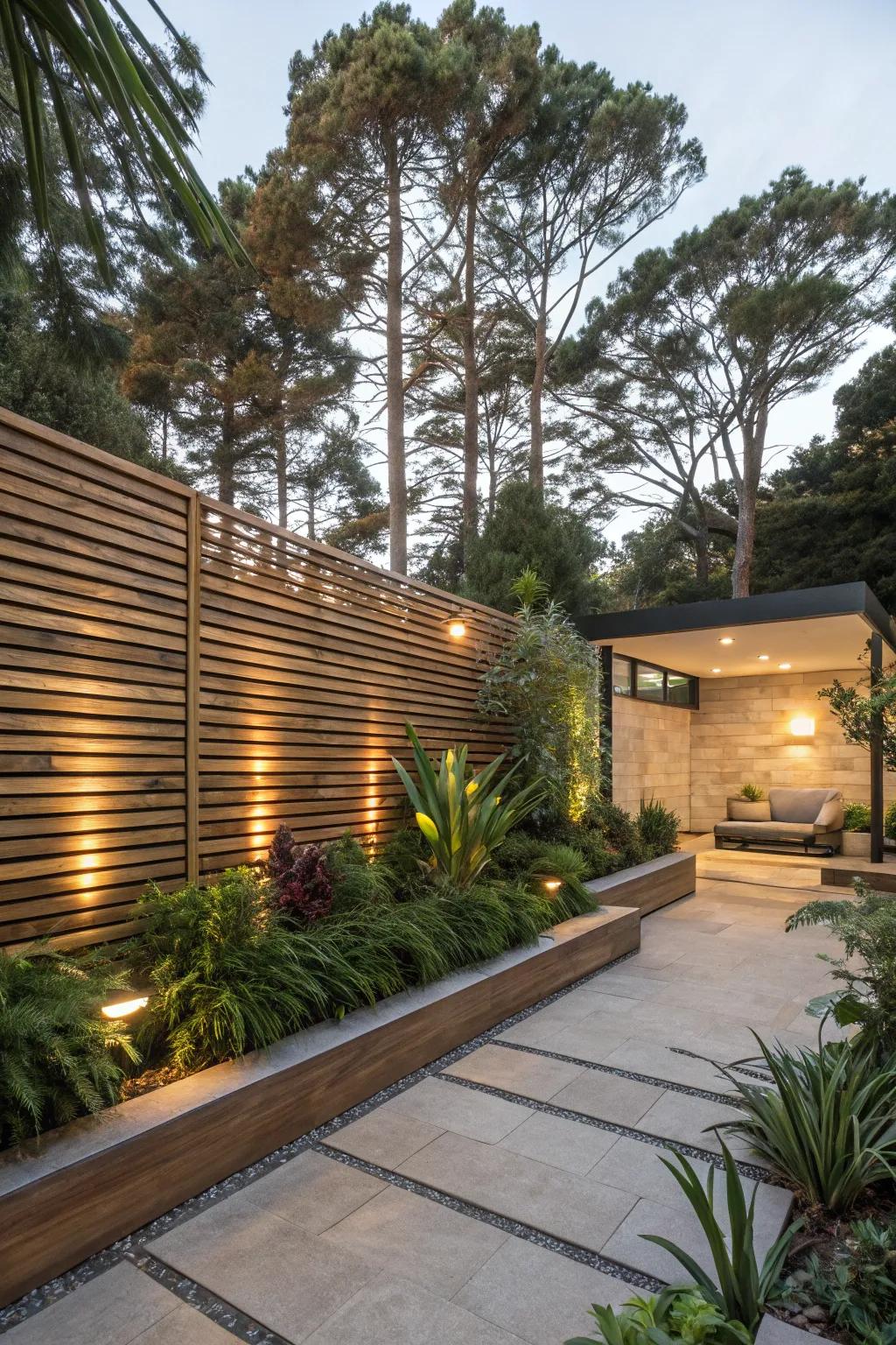 Wooden slat walls offer a blend of seclusion and modern sophistication.