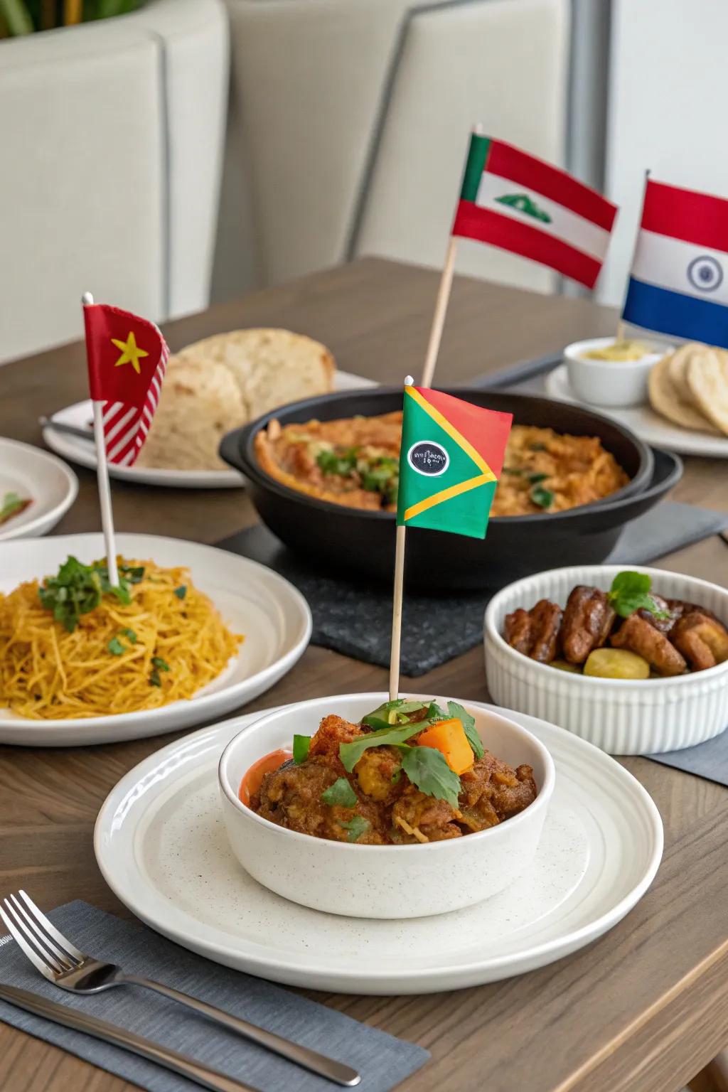 A table setting showcasing international dishes, garnished with tiny flags symbolizing diverse nations.