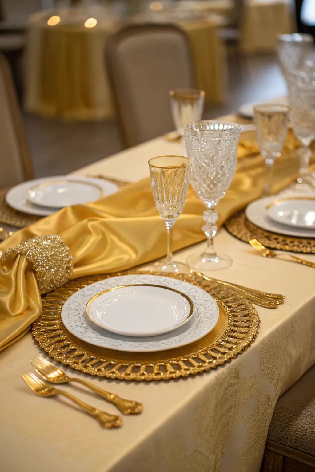 Lush sheen runners lend an air of extravagance to your prom table.