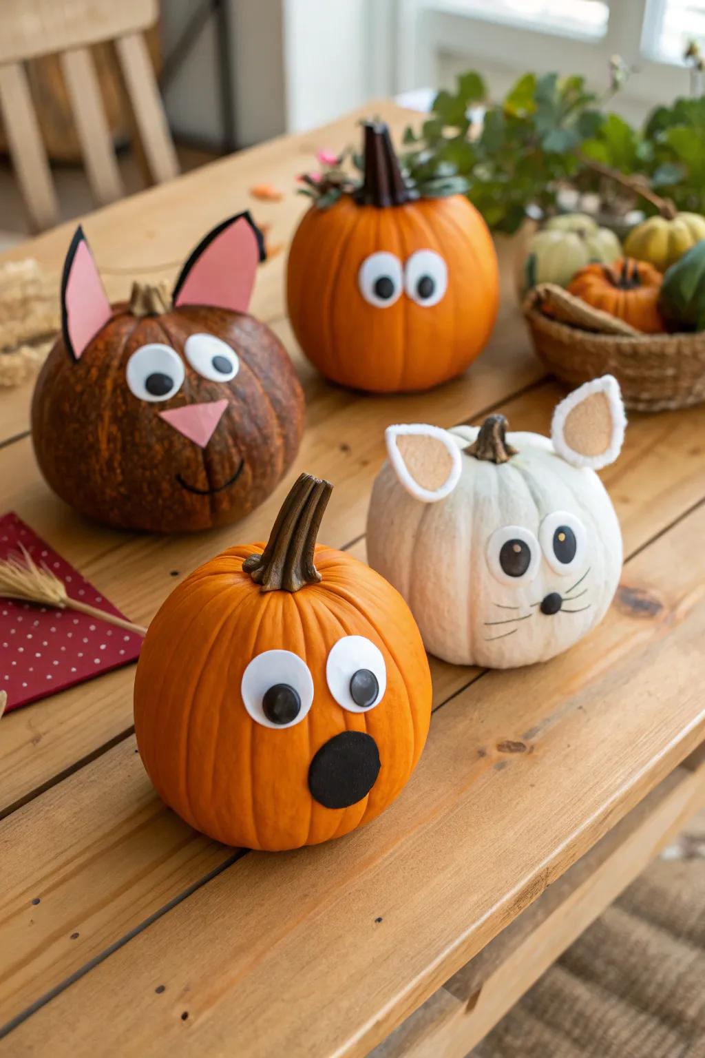 Whimsical pumpkins lovingly transformed into charming creatures.