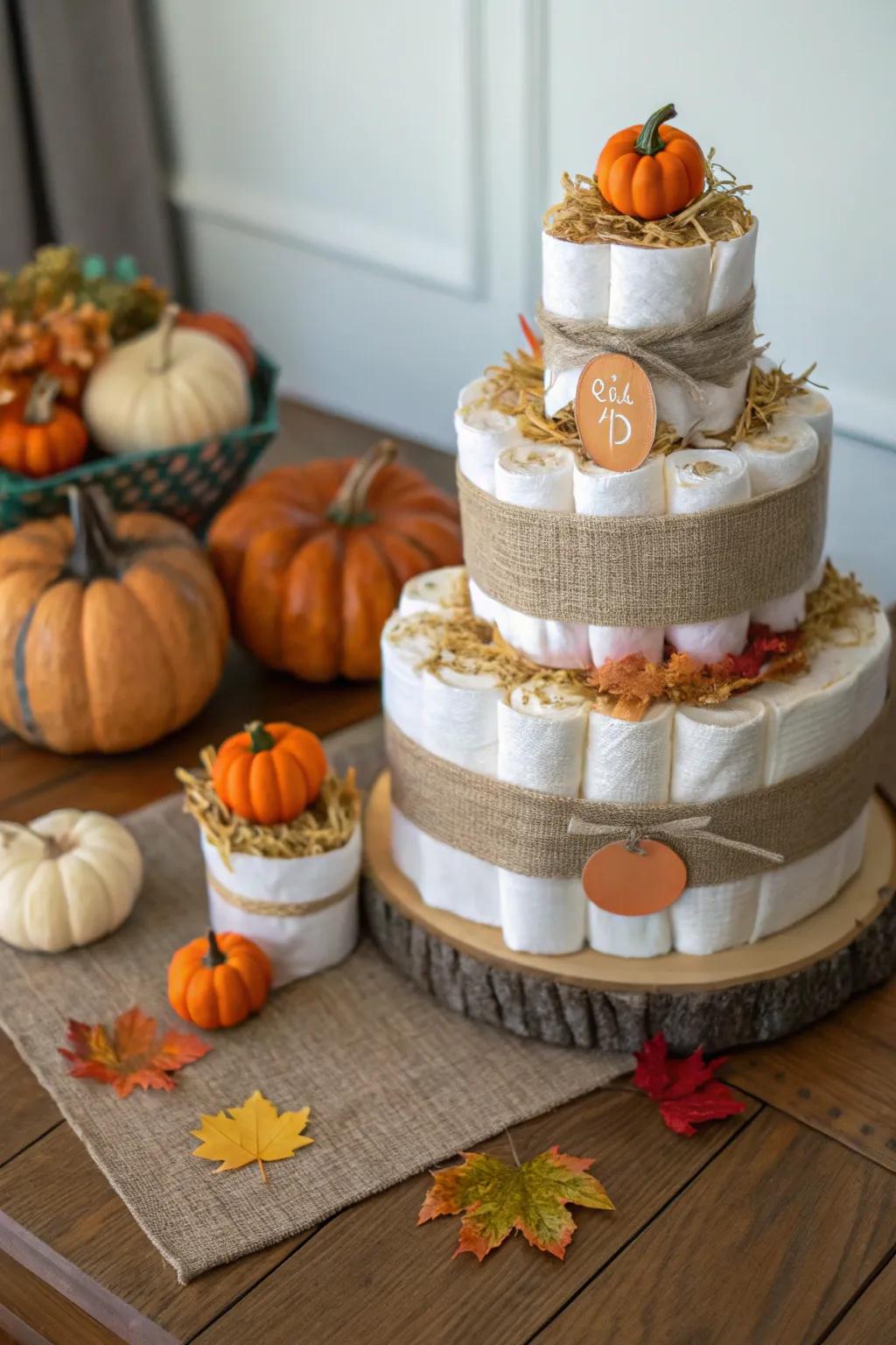 A classic pumpkin patch nappy cake is indispensable for any autumn baby shower.